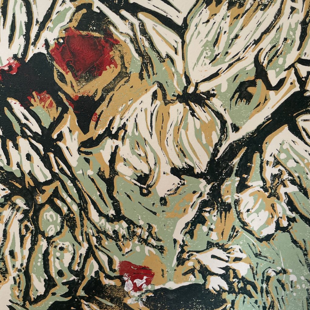 Linolschnitt grün, gold, rot
