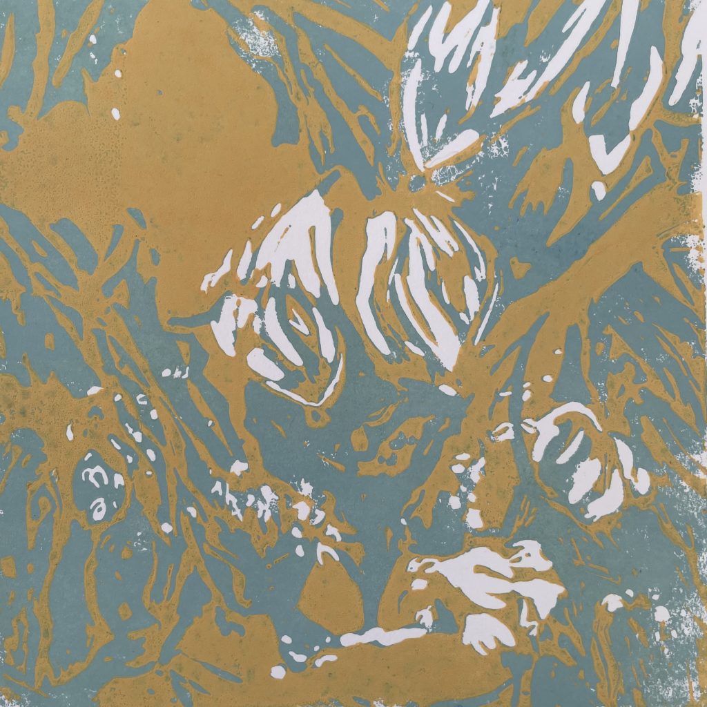 Linolschnitt hellblau gold