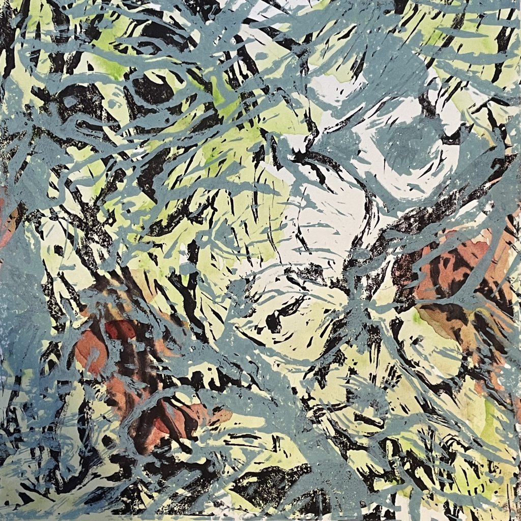 Linolschnitt, Mischtechnik Aquarell, abstrakt, hellgrün, rot, grau