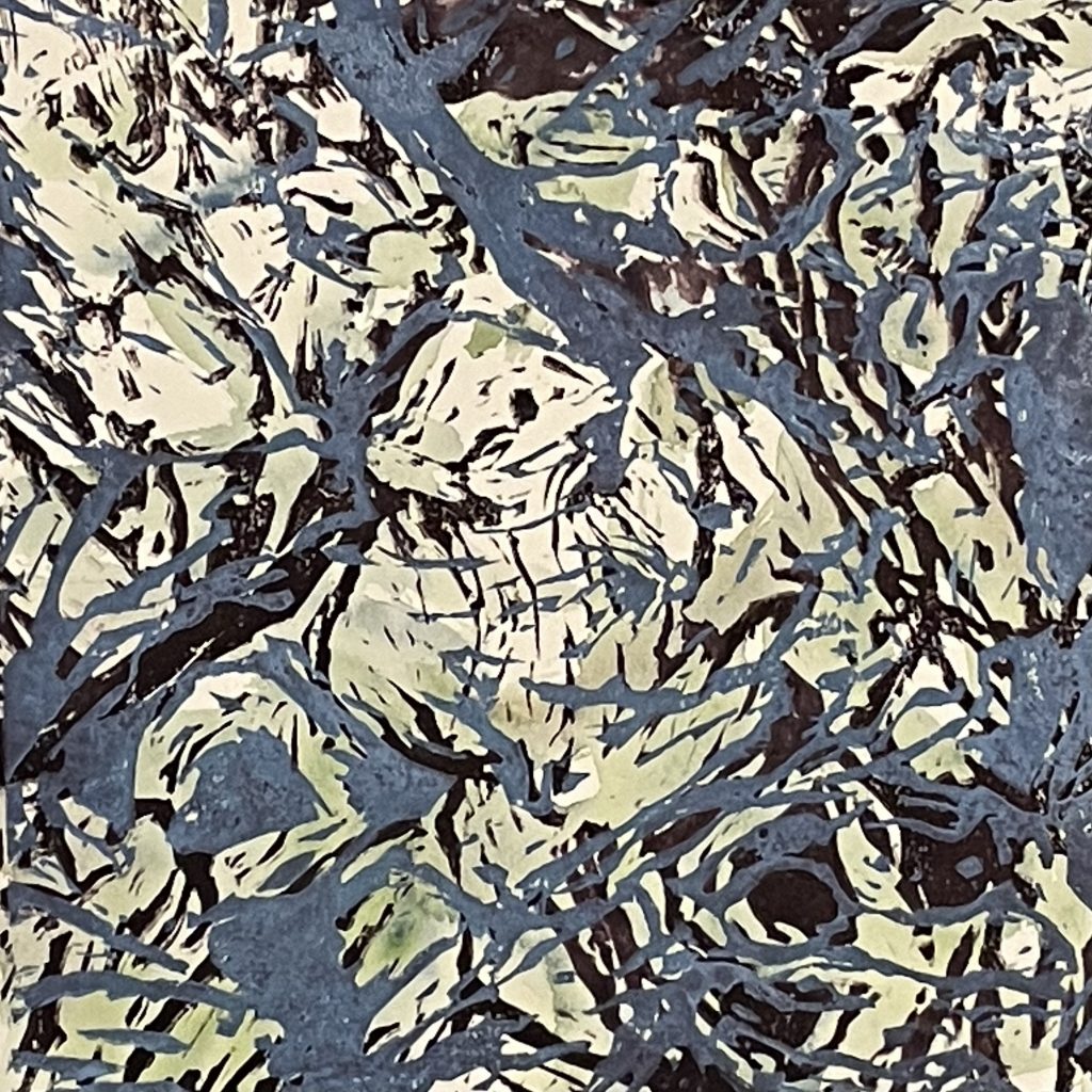 abstrakt, Mischtechnik, Linolschnitt, Aquarell, grau, braun, helles grün