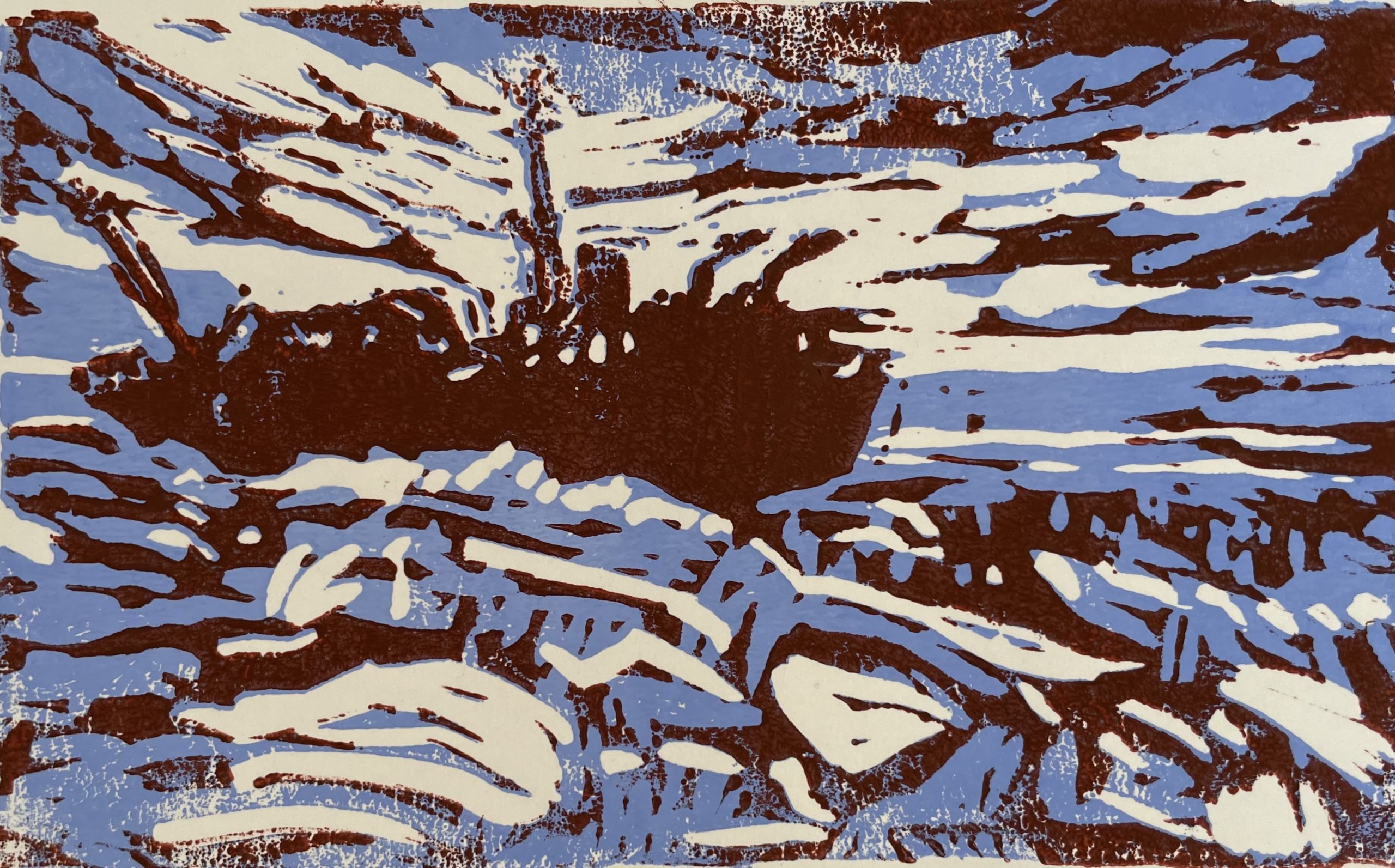 zweifarbiger Linoldruck, braun -blau,