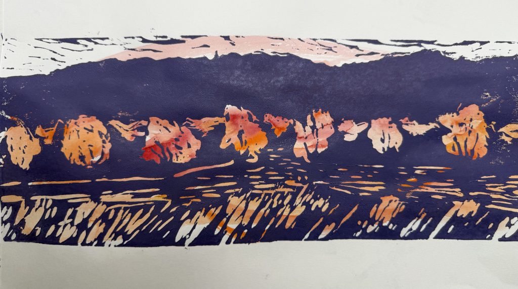 Linolschnitt Schwäbische Alb, Herbst, Einsiedel